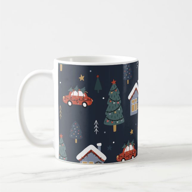 Caneca De Café Padrão perfeito de Natal com árvore de natal, carr (Esquerda)