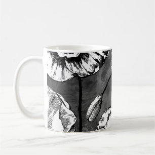 Caneca De Café Padrão perfeito de papoilas pretas e brancas. Illu