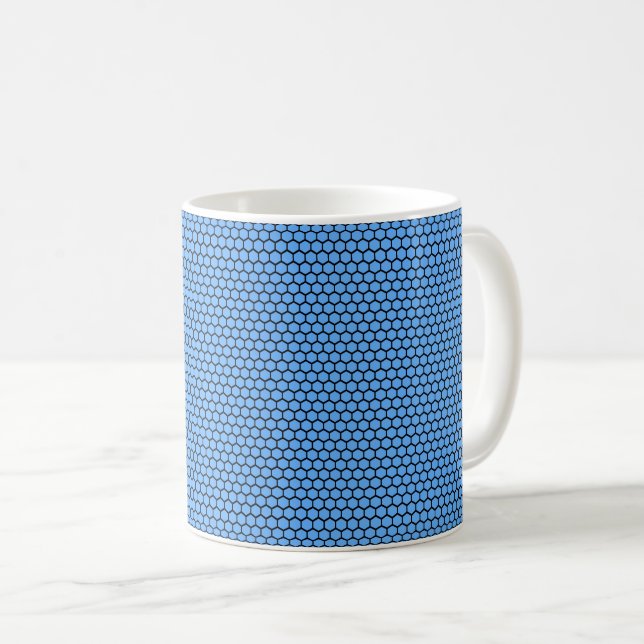 Caneca De Café Padrão Preto Azul Hexágono (Frente Esquerda)