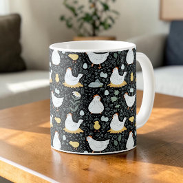 Caneca De Café Padrão Preto de Frango Cottagecore Moderno