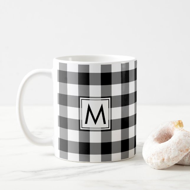 Caneca De Café Padrão Preto de Xadrez Gingham Branco com Monogram (Com Donut)