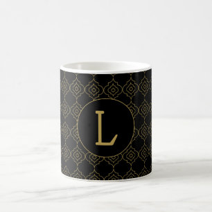 Caneca De Café Padrão preto e ouro com monograma personalizado