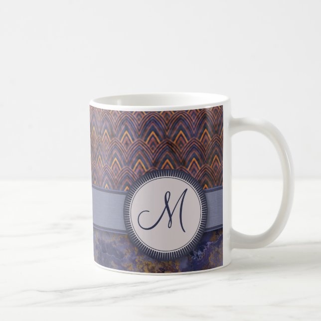 Caneca De Café Padrão Real de Pena Azul com Monograma (Direita)