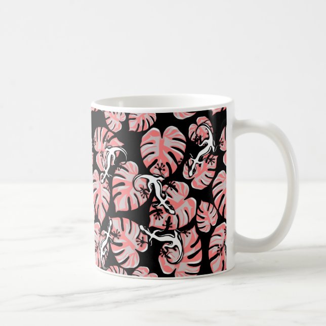 Caneca De Café Padrão Repetido De Salamandra E Folha Rosa (Direita)