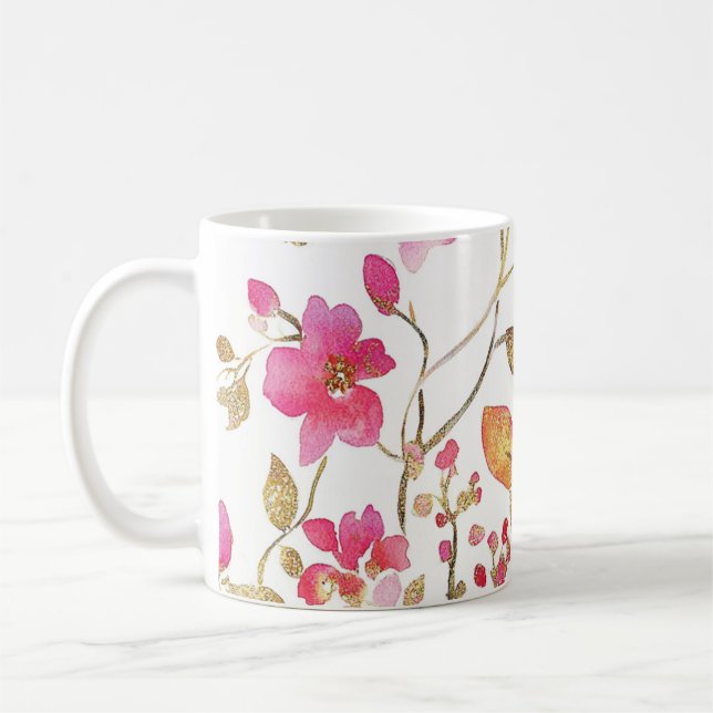 Caneca De Café Padrão rosa da flor da bege (Esquerda)