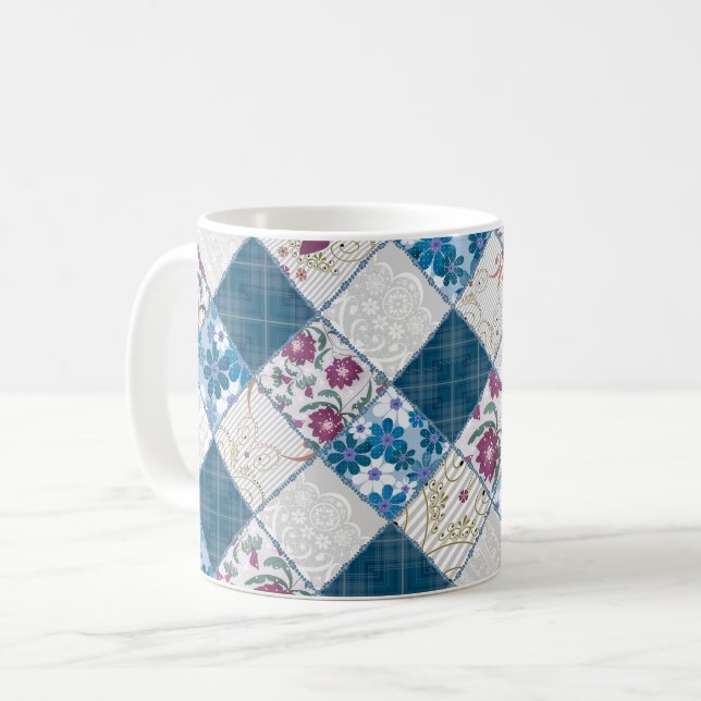 Caneca De Café Padrão rústico e elegante de retalhos de tecido az (Frente Esquerda)