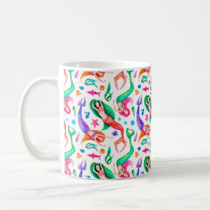 Caneca De Café Padrão sem costura aquarelas com sereias, martelo