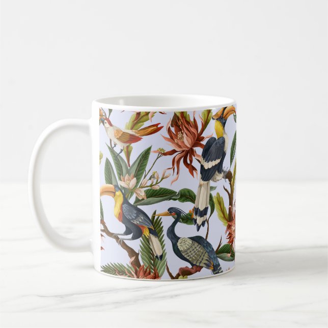 Caneca De Café Padrão sem costura com aves e folhas tropicais e (Esquerda)