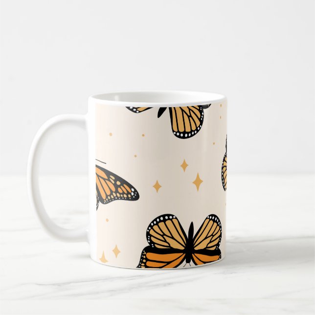 Caneca De Café Padrão sem costura com borboletas monarcas. Contem (Esquerda)