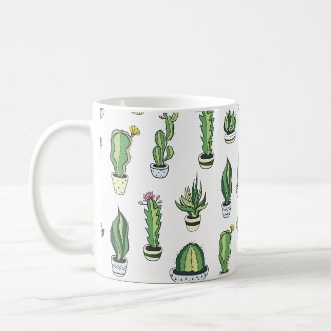 Caneca De Café Padrão sem costura com cacto e suculentos verdes  (Esquerda)