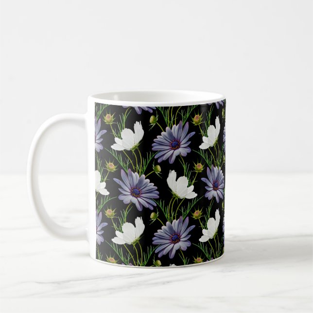 Caneca De Café Padrão sem costura com cosmos brancos e margarida  (Esquerda)