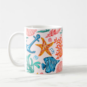 Caneca De Café Padrão sem costura com criaturas marinhas