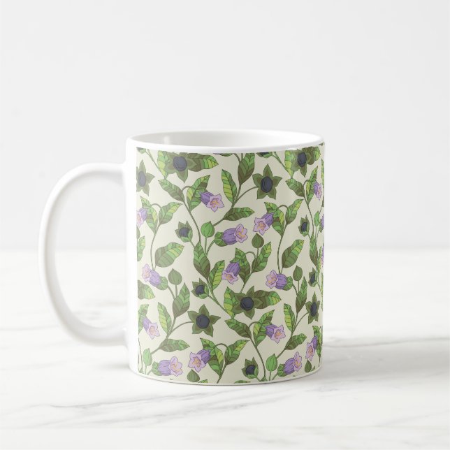 Caneca De Café Padrão sem costura com flores da belladona. Um arb (Esquerda)