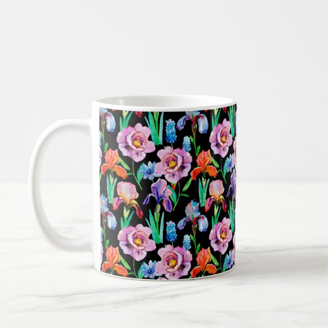 Caneca De Café Padrão sem costura com flores de Iris e Peony, Wat (Esquerda)