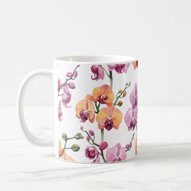 Caneca De Café Padrão sem costura com flores de orquídea aquarela (Esquerda)
