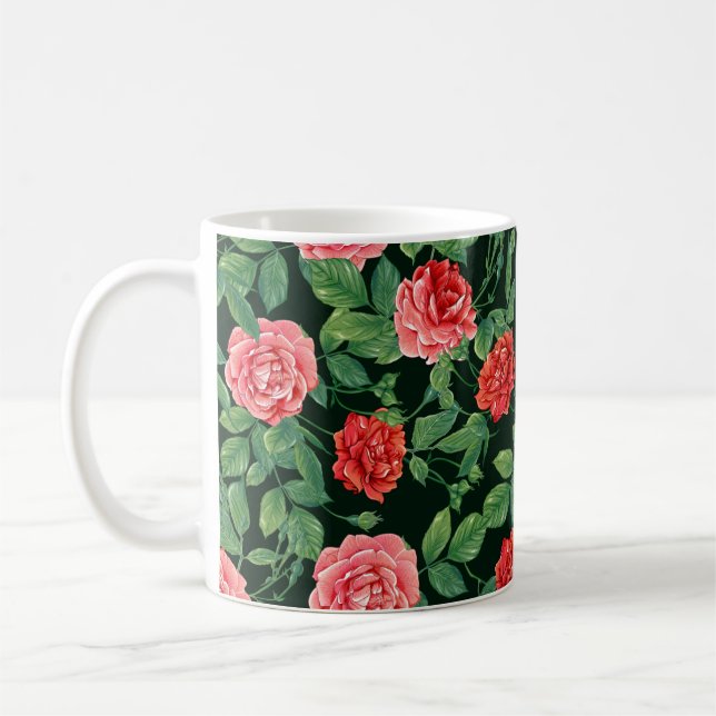 Caneca De Café Padrão sem costura com flores de rosa vermelha. Co (Esquerda)