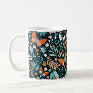 Caneca De Café Padrão sem costura com flores e borboletas