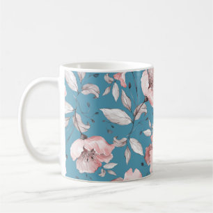 Caneca De Café Padrão sem costura com flores e folhas de primave