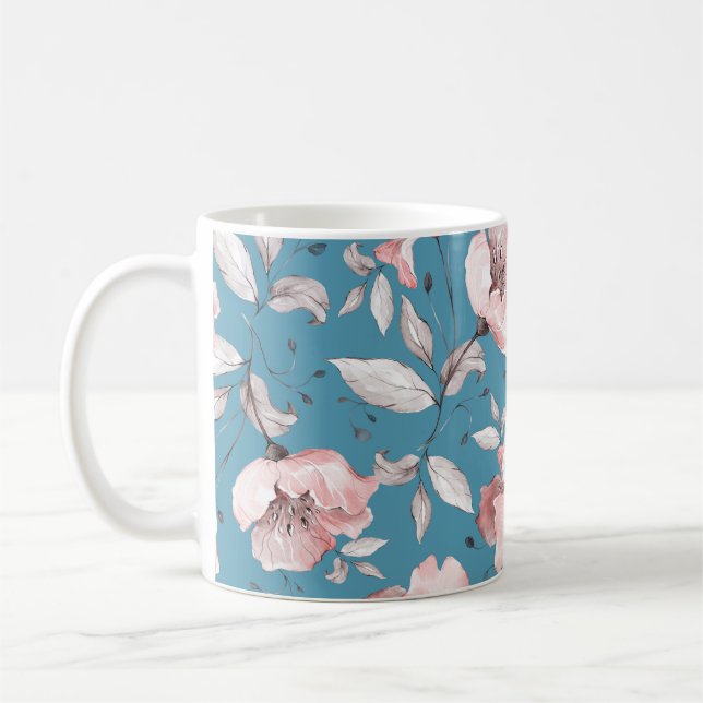 Caneca De Café Padrão sem costura com flores e folhas de primaver (Esquerda)