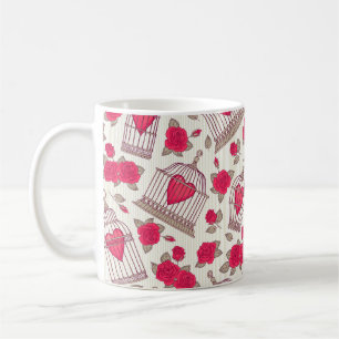 Caneca De Café Padrão sem costura com flores e gaiolas de pássaro