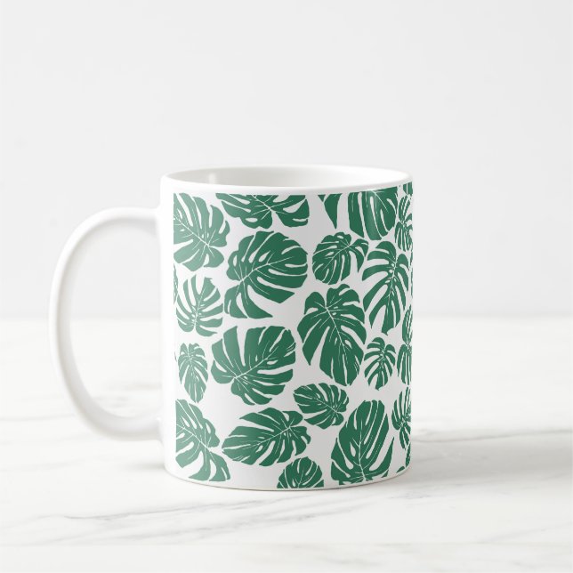 Caneca De Café Padrão sem costura com folhas de Monstera. Decorat (Esquerda)