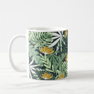 Caneca De Café Padrão sem costura com folhas e flores tropicais