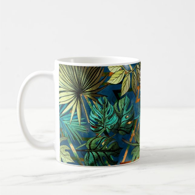 Caneca De Café Padrão sem costura com folhas tropicais e geometri (Esquerda)