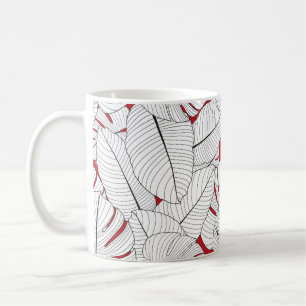 Caneca De Café Padrão sem costura com folhas tropicais em vermel