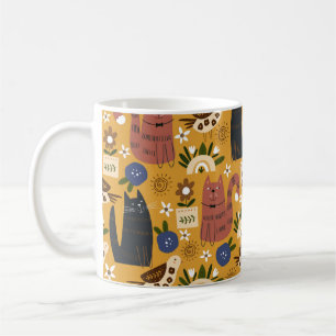 Caneca De Café Padrão sem costura com gatos e pássaros bonitos. d