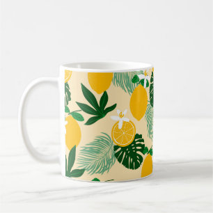 Caneca De Café Padrão sem costura com limões e palmeiras exóti