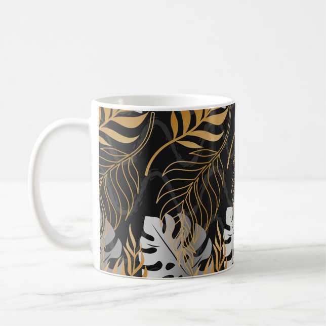 Caneca De Café Padrão sem costura com ouro, planta tropical prate (Esquerda)