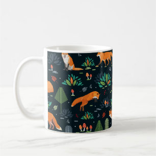 Caneca De Café Padrão sem costura com raposas, árvores, folhas,