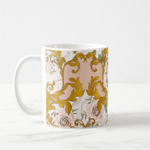 Caneca De Café Padrão sem costura com rosas e ouro barroco