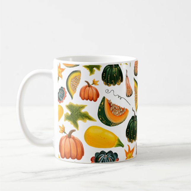 Caneca De Café Padrão sem costura de abóboras e folhas em isol (Esquerda)