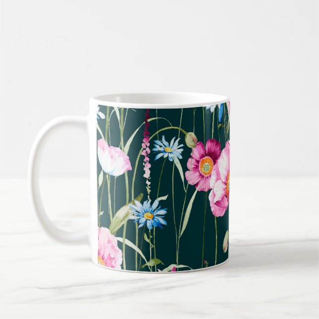 Caneca De Café Padrão sem costura de aquarelas com flor de papoil (Esquerda)