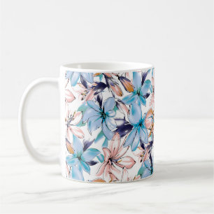 Caneca De Café Padrão sem costura de flores aquáticas