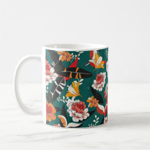 Caneca De Café Padrão sem costura de laranja e flor branca, ilust