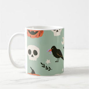 Caneca De Café Padrão sem costura do Halloween com ravens, crânio