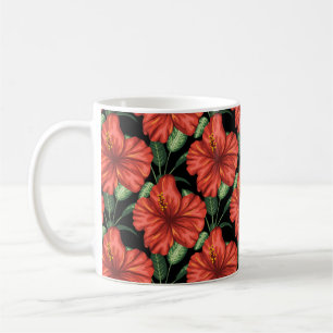 Caneca De Café Padrão sem costura Flores vermelhas tropicais Folh