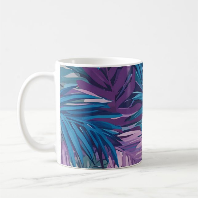 Caneca De Café Padrão Tropical De Folha De Palma Roxa E Azul (Esquerda)