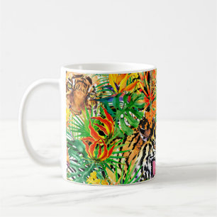 Caneca De Café padrão tropical uniforme com tigre. aquarela j
