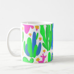 Caneca De Café padrão uniforme com cacto em fundo branco.