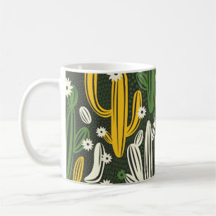 Caneca De Café padrão uniforme com cacto em fundo preto. 