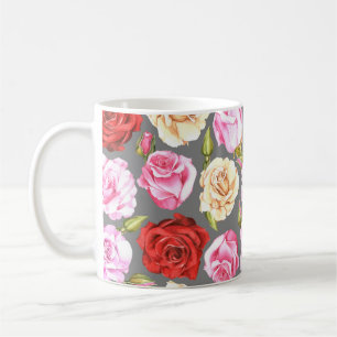 Caneca De Café Padrão uniforme de aquarela com rosas. Sem costura