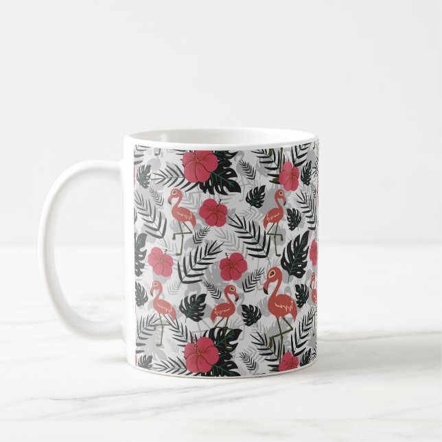 Caneca De Café Padrão uniforme Flamingo com fundo floral (Esquerda)