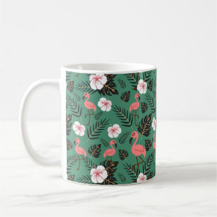 Caneca De Café Padrão uniforme Flamingo rosa sobre fundo verde