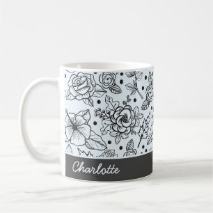 Caneca De Café Padrão uniforme floral preto e branco com nome