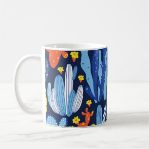 Caneca De Café padrão uniforme vintage com cacto em azul escuro