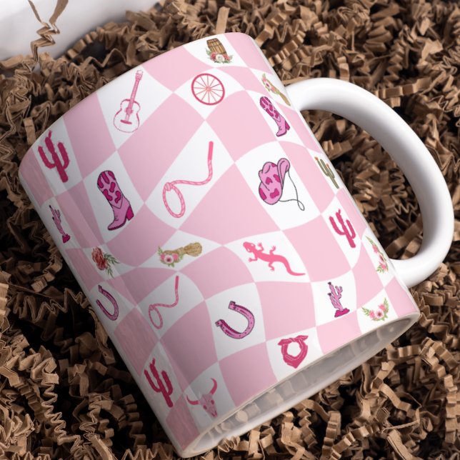 Caneca De Café Padrão Verificado da Cowgirl Rosa Personalizada (Criador carregado)