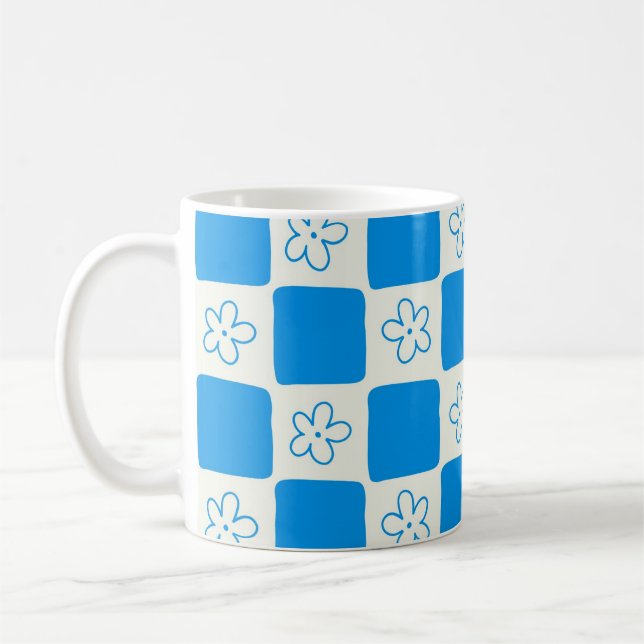 Caneca De Café Padrão Verificado de Flor Azul de Pré-Disquete (Esquerda)
